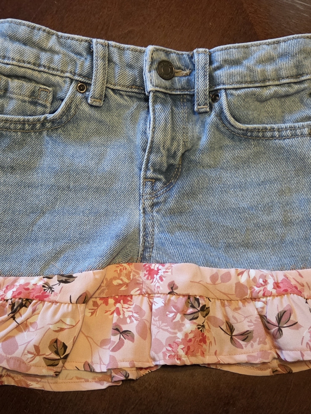 Denim Skirt with Pink Floral Ruffle - Kids